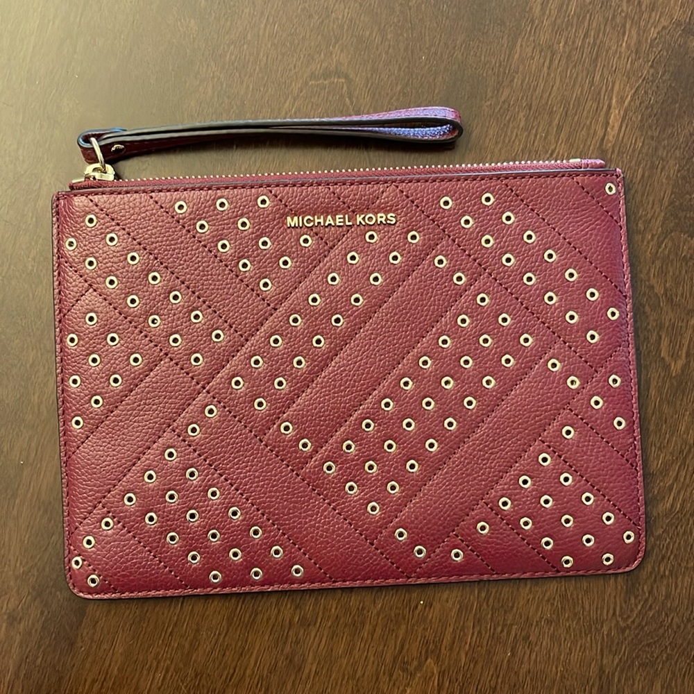 Michael Kors Women's Red Leather Jet Set Travel XL Zip Clutch 7 x 9.5 (Mulberry)